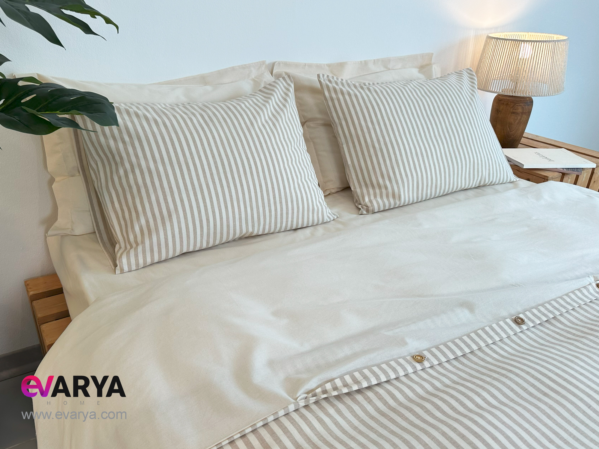 ست ملحفه لینن مدل Nives برند Saheser دونفره شش تکه سایز 180x200 رنگ بژ