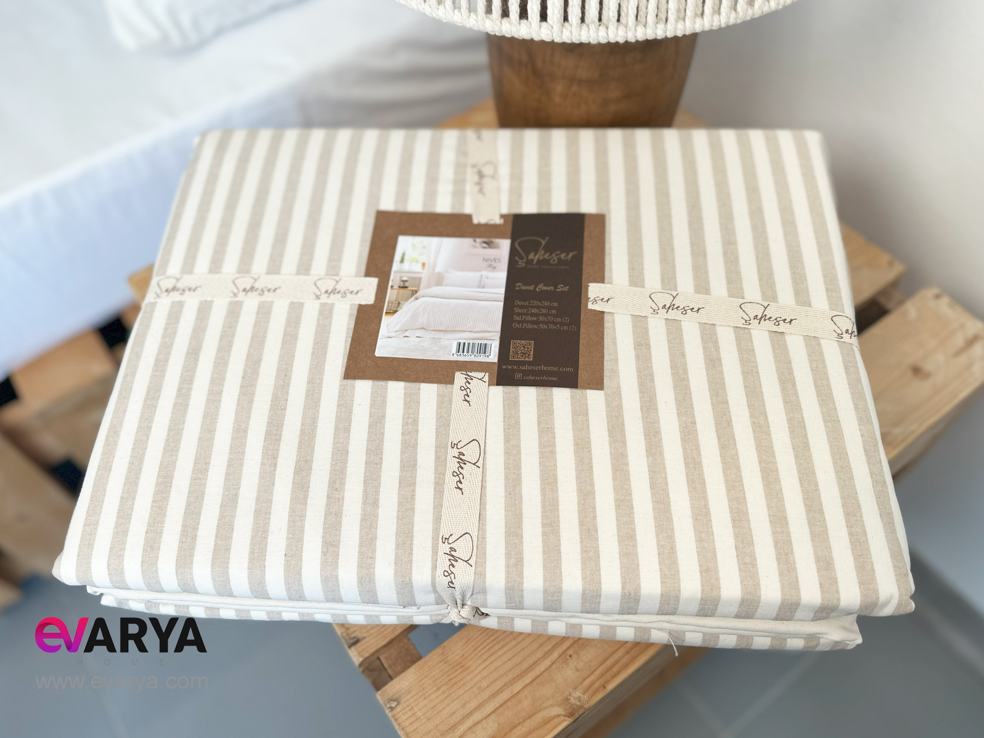 ست ملحفه لینن مدل Nives برند Saheser دونفره شش تکه سایز 180x200 رنگ بژ