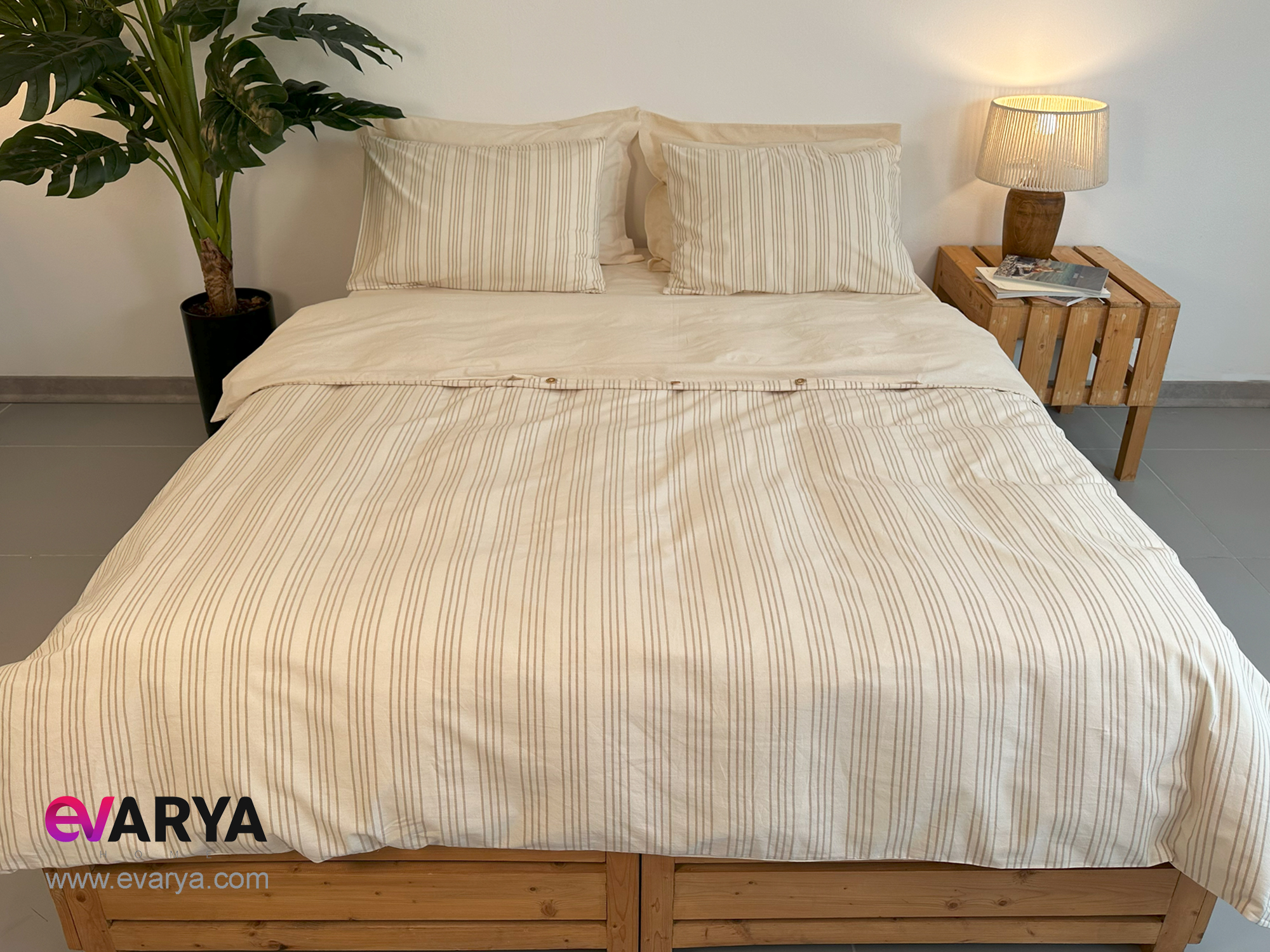 ست ملحفه لینن مدل Nota برند Saheser دونفره شش تکه سایز 160x200 رنگ بژ