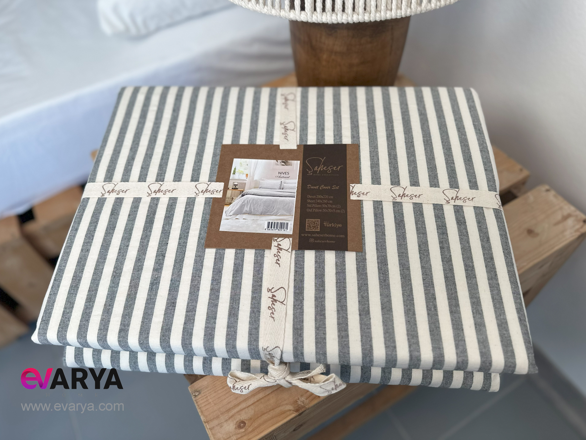 ست ملحفه لینن مدل Nives برند Saheser تکنفره چهار تکه سایز 120x200 رنگ طوسی