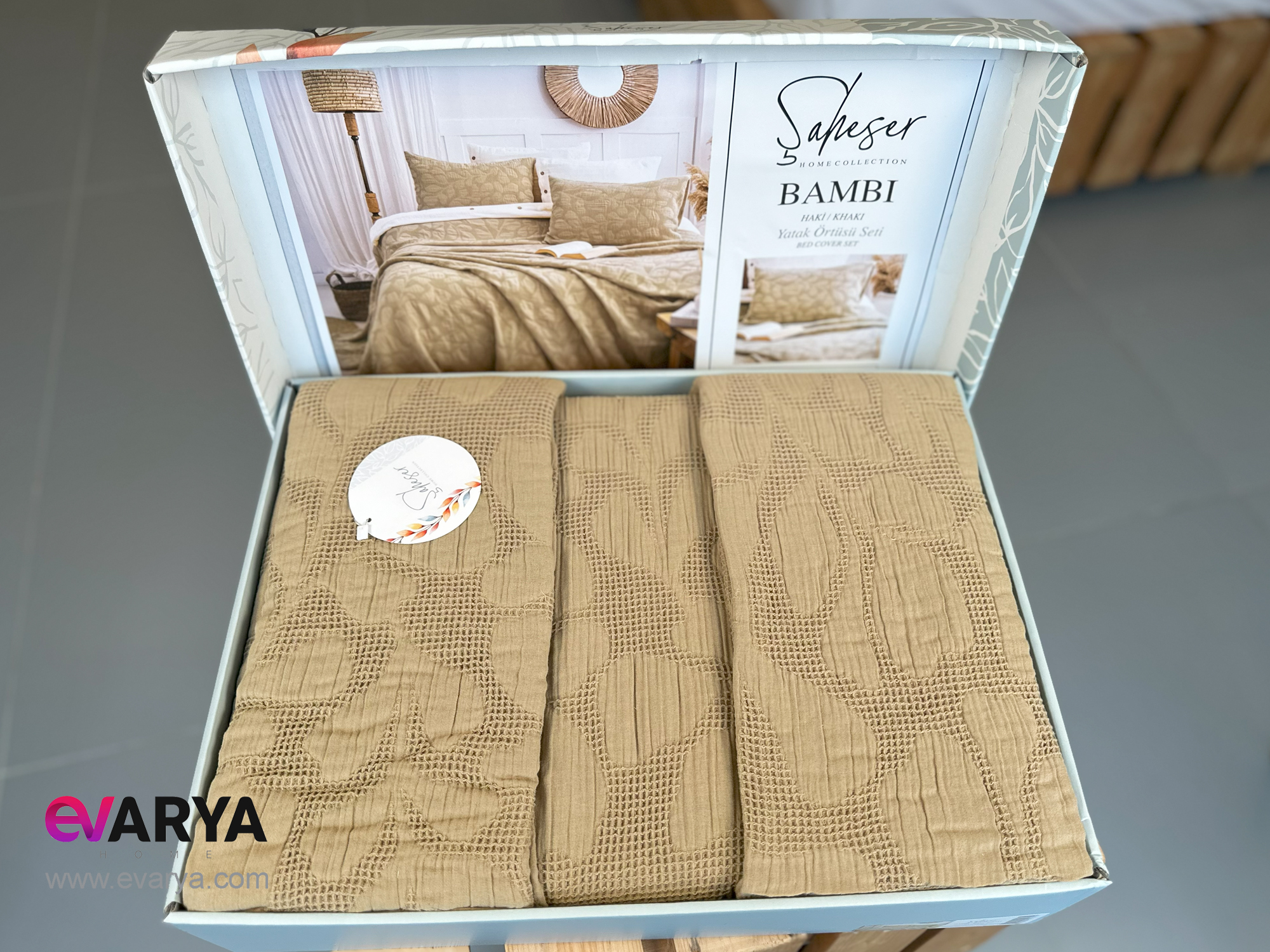 روتختی پیکه بافت ژاکارد مدل BAMBI برند saheser سایز دو نفره سه تکه سبز خاکی